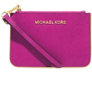 Michael Kors Travel Small Saffiano Leather Coin ID Wristlet Wallet Fuchsia Pink